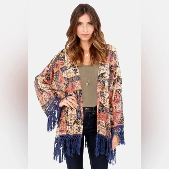 RVCA Lycia Blue Print Boho Fringe Kimono Top size M/L - Picture 3 of 13